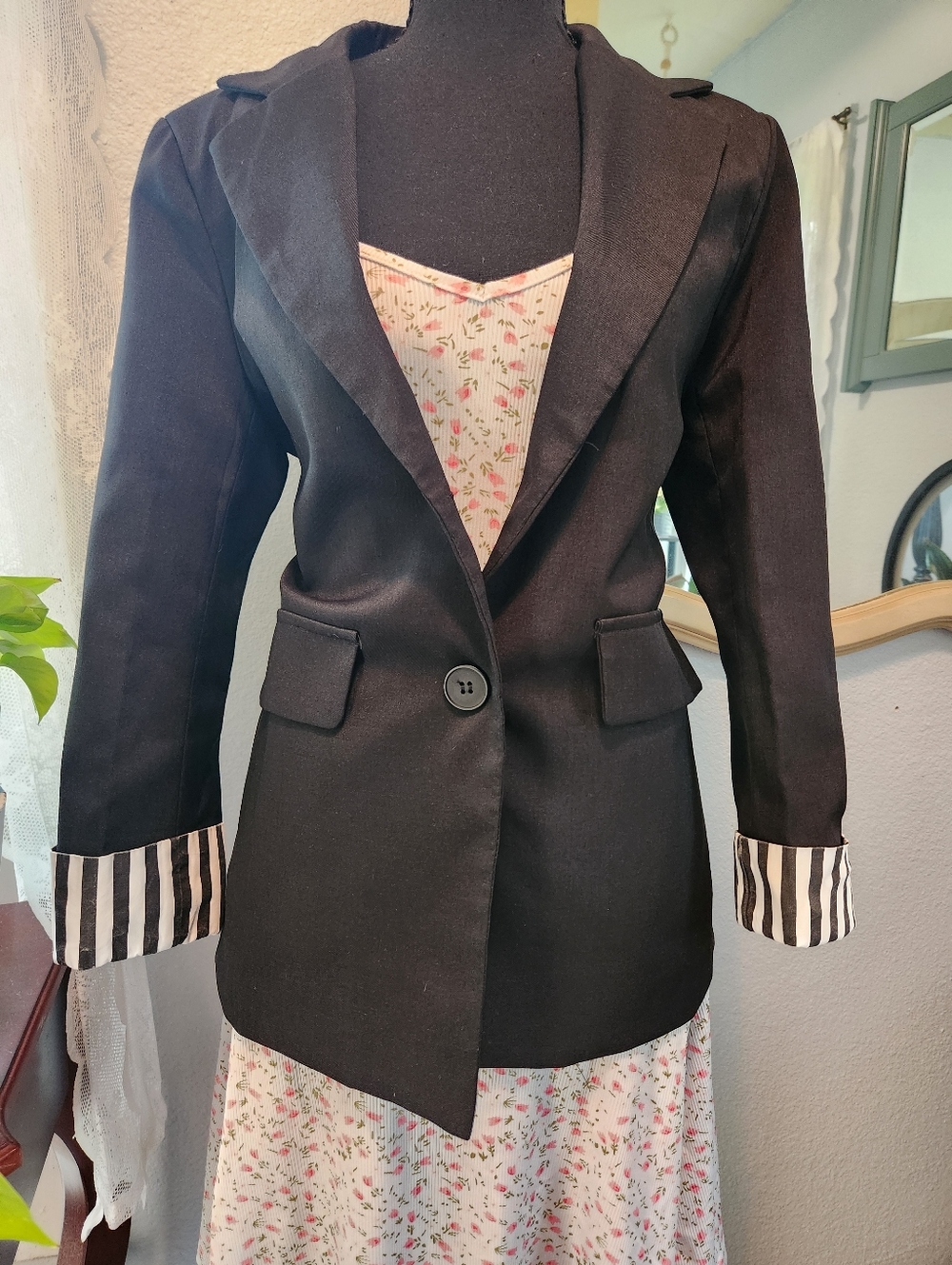 Women's Classic Black Blazer With Striped Cuffs